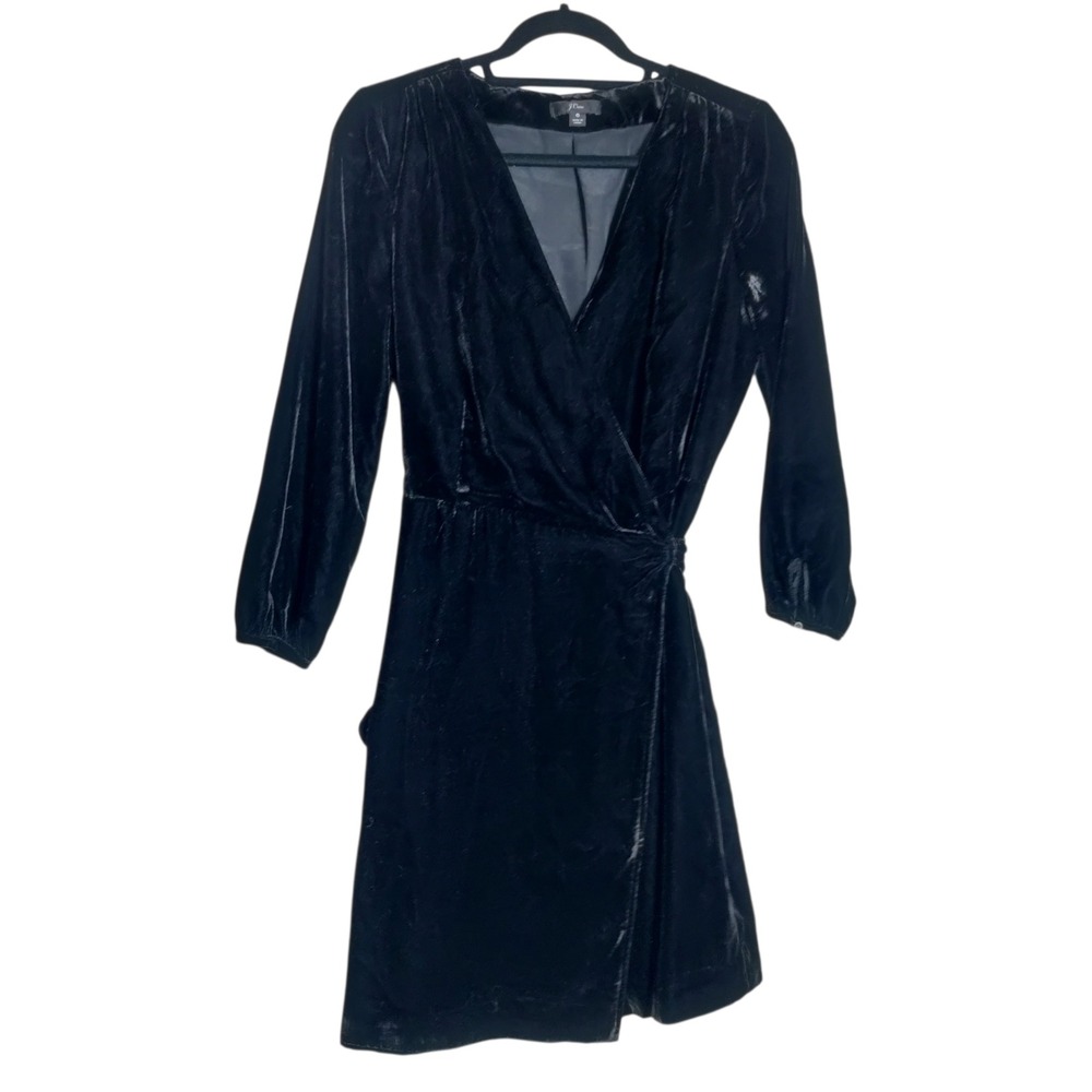 J.Crew Black Velvet Faux Wrap Dress Long Sleeve V-Neck Size 6 Holiday Cocktail